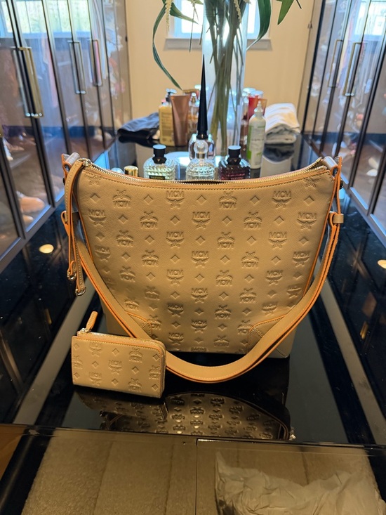 MCM Handbags - MCM Grey Embossed Leather Shoulder Bag with Tan Trim (purse only)